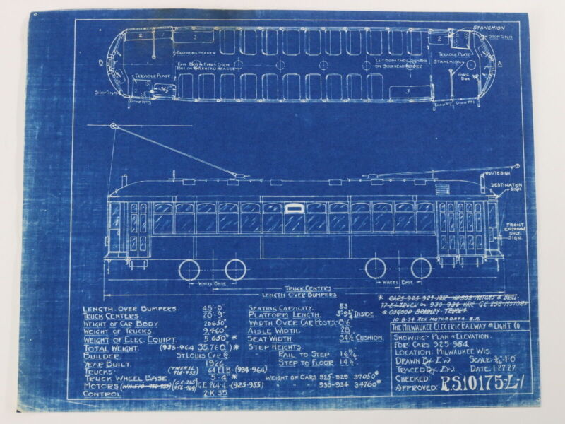 Milwaukee Electric Plan & Elevation Cars 925-964 Trolley Blueprint 1927 11"