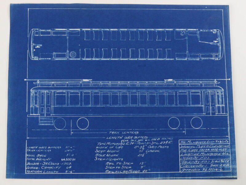 Milwaukee Electric Plan & Elevation 1007 1022-1025 Trolley Blueprint 1922 11"