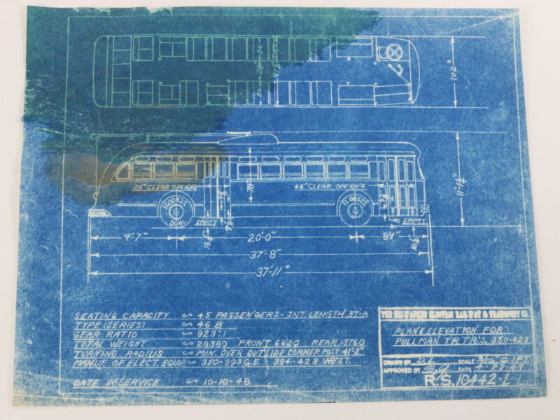 Milwaukee Electric Plan & Elevation Pullman TR TRS Trolley Blueprint 1949 11"