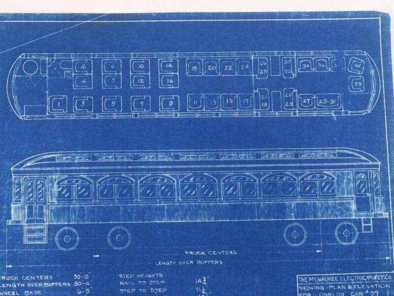 Milwaukee Electric Plan & Elevation Parlor Car 97 Trolley Blueprint 1924 11"