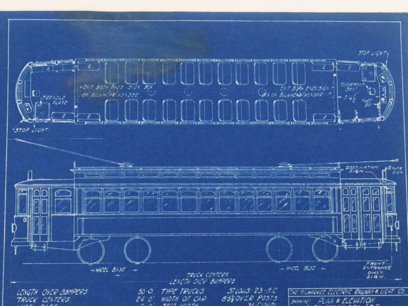 Milwaukee Electric Plan & Elevation Cars 500-510 526-585 Blueprint 1929 11"