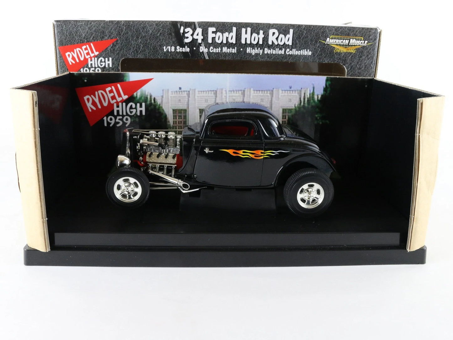 1934 '34 Ford Hot Rod Grease Movie American Muscle ERTL 1:18 Black +Flames 36602