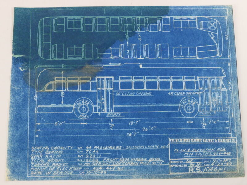 Milwaukee Electric Plan & Elevation Mh TR TRS 424-449 Trolley Blueprint 1949 11"