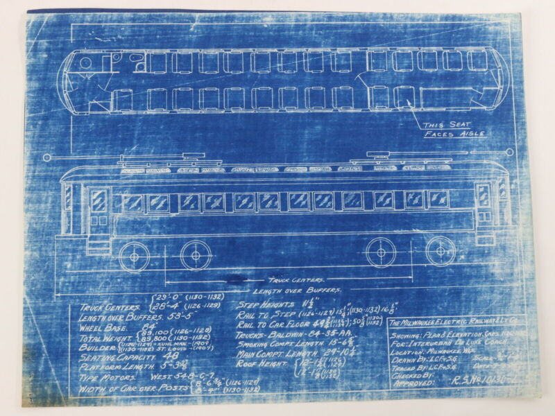 Milwaukee Electric Plan & Elevation Car 1126-1132 Trolley Blueprint 1924 11"