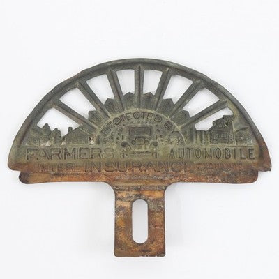 1920s 30s Farmers Automobile Inter Insurance Exchange Metal License Topper 4.5"
