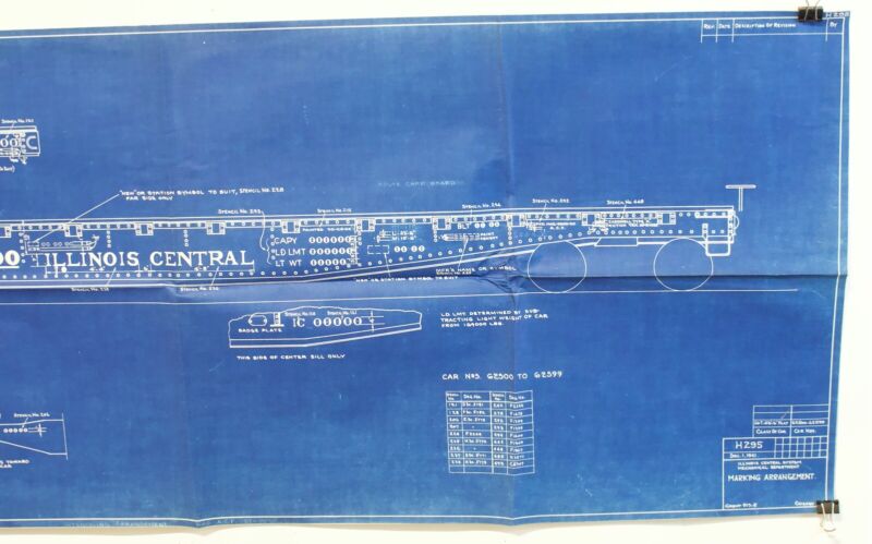 Illinois Central Marking Arrangement Train Flatcar Blueprint H295 Dated 1941 44"