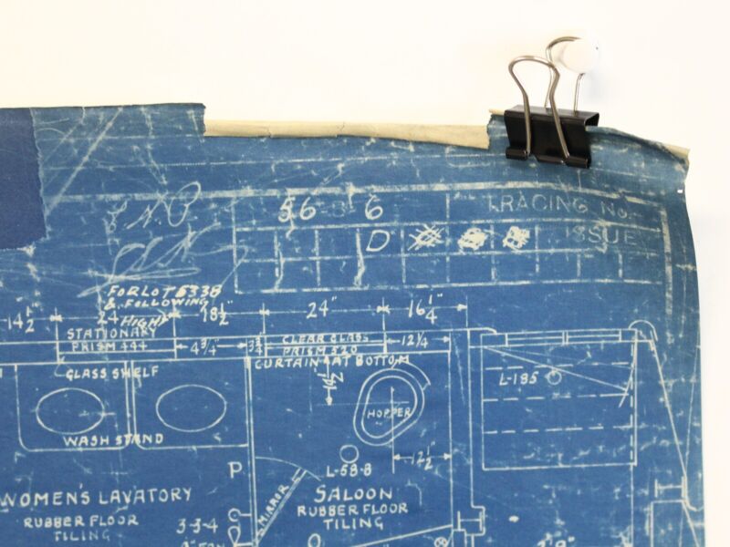 Vintage Train Blueprint of Overhead Passenegr Car View Smoking Room, Dining 42���