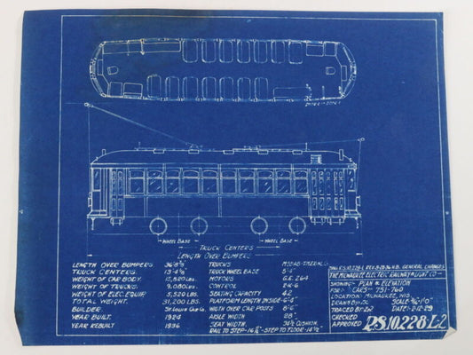 Milwaukee Electric Plan & Elevation Cars 751-760 Trolley Blueprint 1929 11"