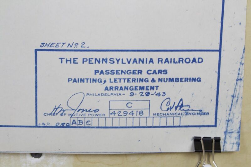 Pennsylvania Railroad 1940s Passenger Car Lettering Numbering Blueprint 34.5���