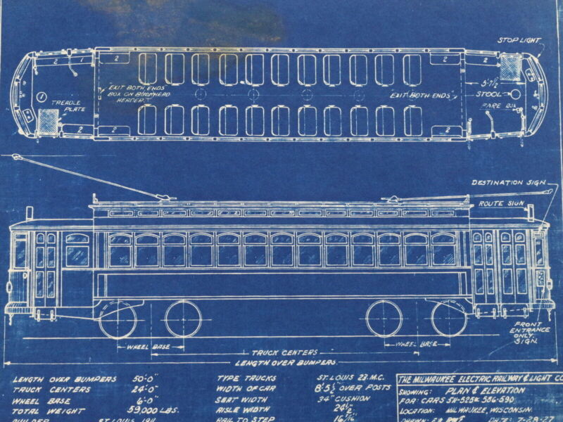 Milwaukee Electric Plan & Elevation Cars 511-525 -590 Trolley Blueprint 1927 11"