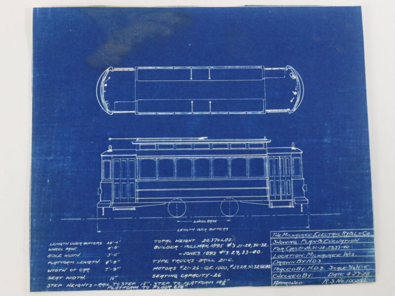 Milwaukee Electric Plan & Elevation Cars 21-28 30-32 29 Blueprint 1922 9.75"