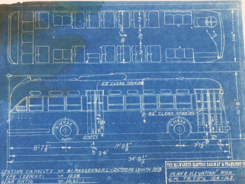 Milwaukee Electric Plan & Elevation Gm TR TRS 124-163 Trolley Blueprint 1949 11"