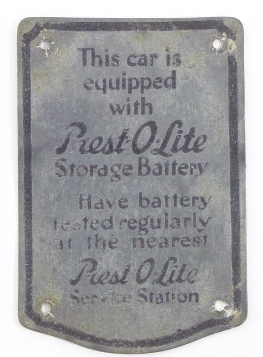 This Car Is Equipped With Prest-O-Lite Storage Battery 3��� Metal Nameplate