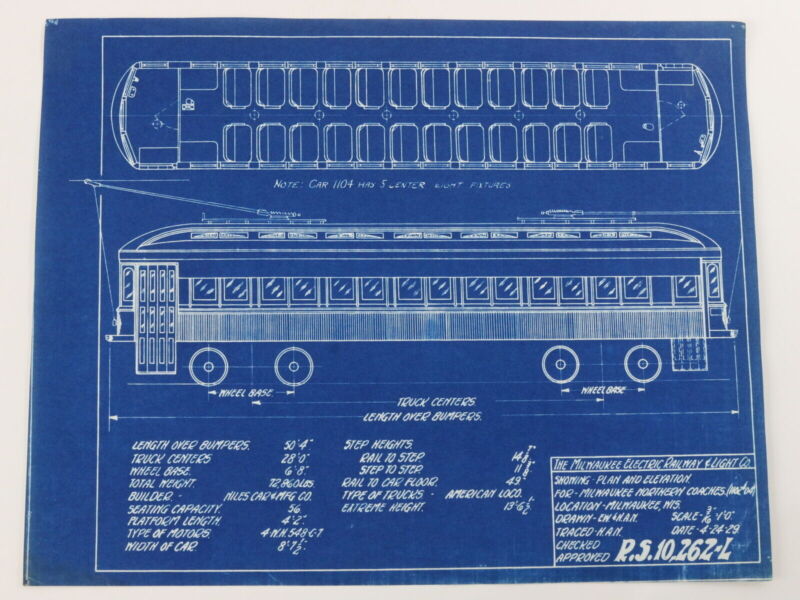 Milwaukee Electric Plan & Elevation Northern Coaches 1102 Blueprint 1929 11"