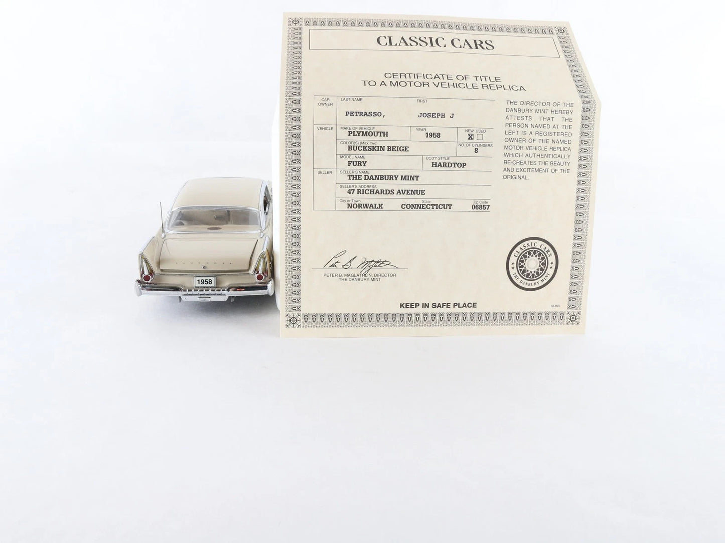 1958 Plymouth Fury Hardtop Buckskin Beige Danbury Mint 1:24 Diecast Model