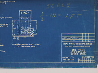 New York Central NYC End Frame & Details Dining Cars Blueprint 1929 70.5"