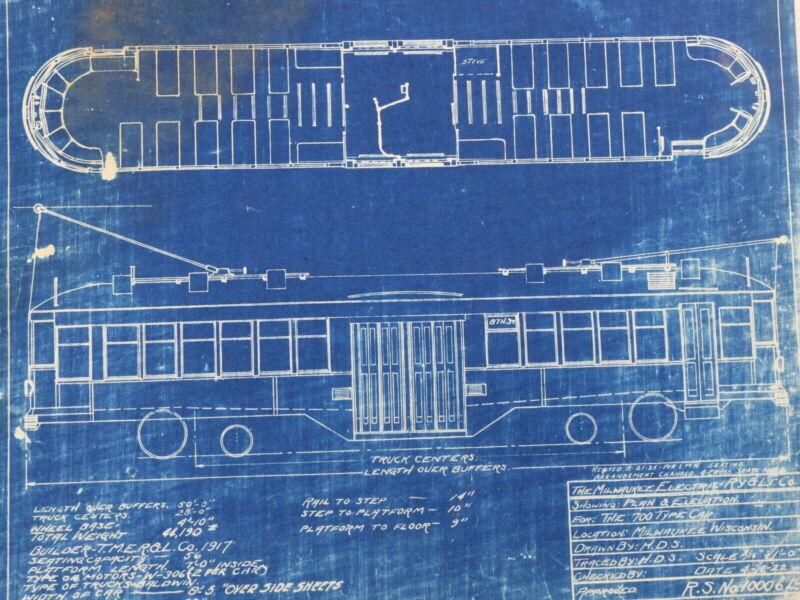 Milwaukee Electric Plan & Elevation 700 Type Car Trolley Blueprint 1922 11"