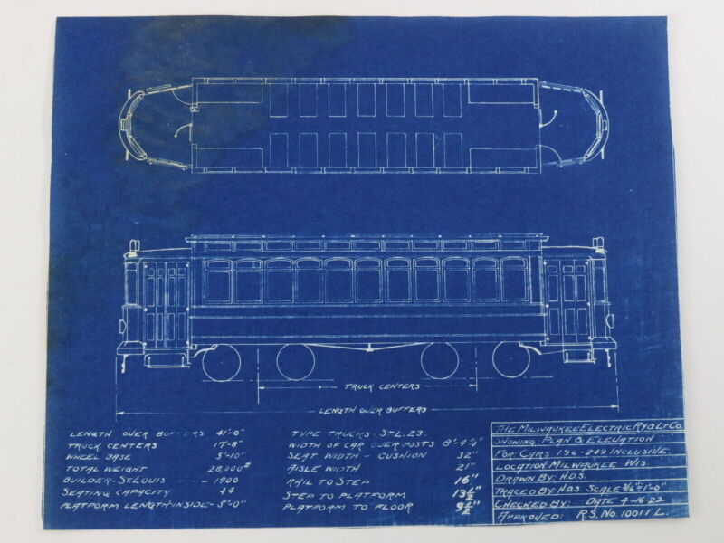 Milwaukee Electric Plan & Elevation Cars 196-249 Inclusive Blueprint 1922 9.75"