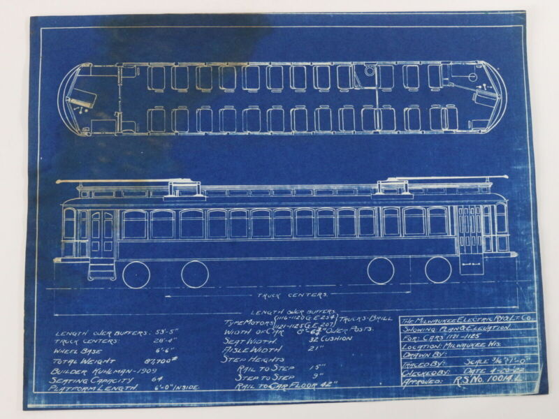 Milwaukee Electric Plan & Elevation Cars 1121-1125 Trolley Blueprint 1922 11.25"