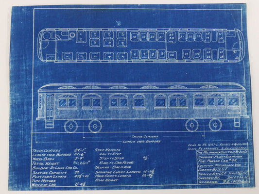 Milwaukee Electric Plan & Elevation Parlor Car 99 Trolley Blueprint 1923 11"