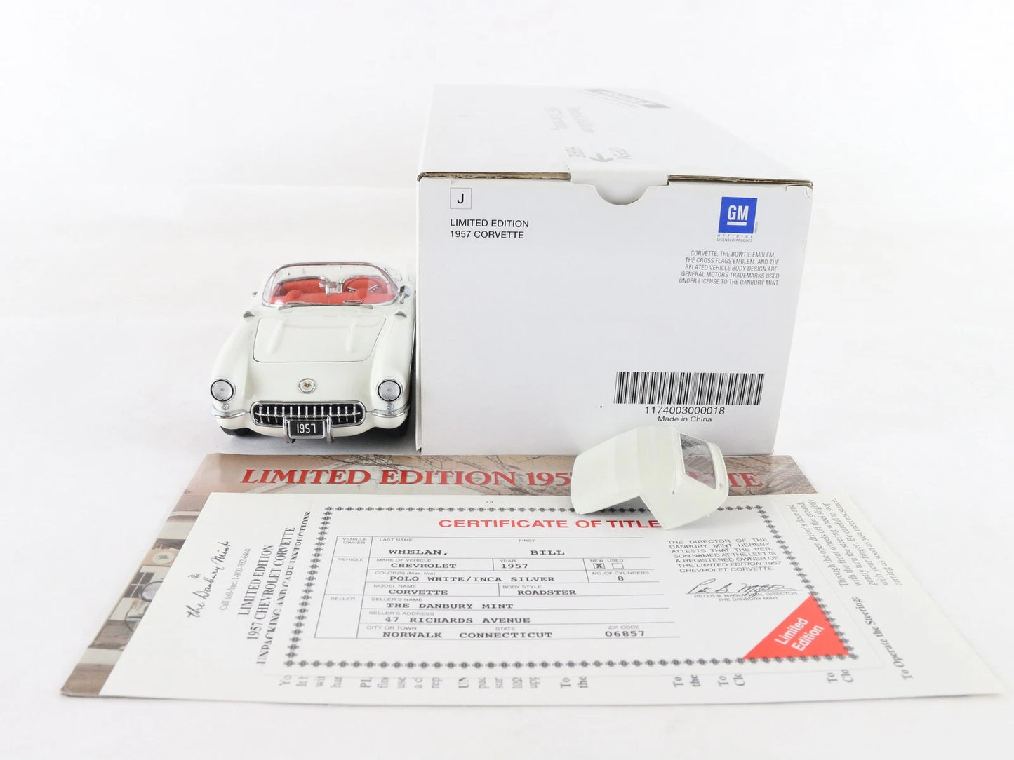 1957 Chevy Corvette Roadster Limited White Silver Danbury Mint 1:24 Diecast 2678