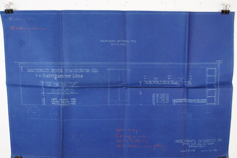 RFPX Refrigerator Reefer Lettering Merchants Despatch 1936 Train Blueprint 24.5���