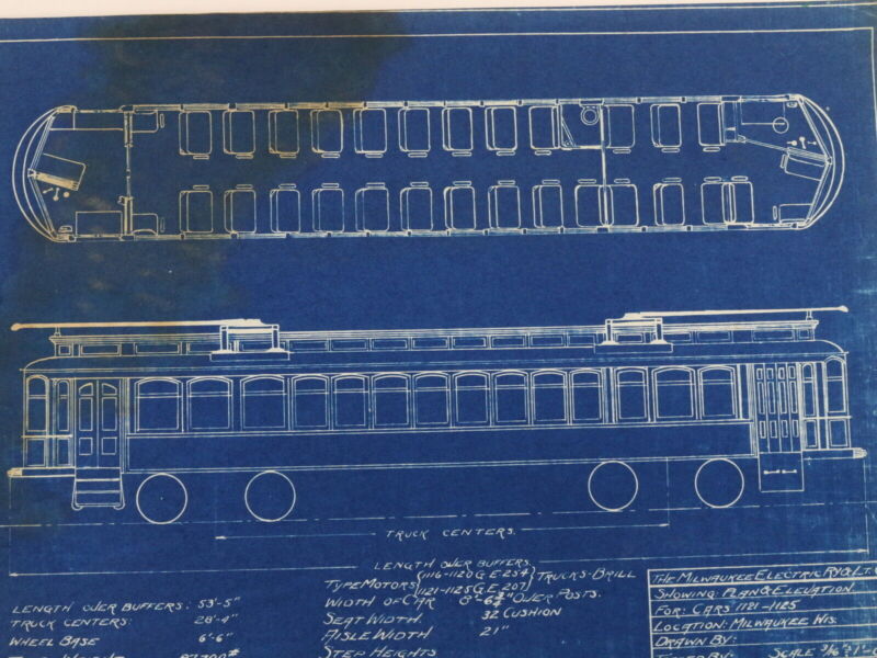 Milwaukee Electric Plan & Elevation Cars 1121-1125 Trolley Blueprint 1922 11.25"