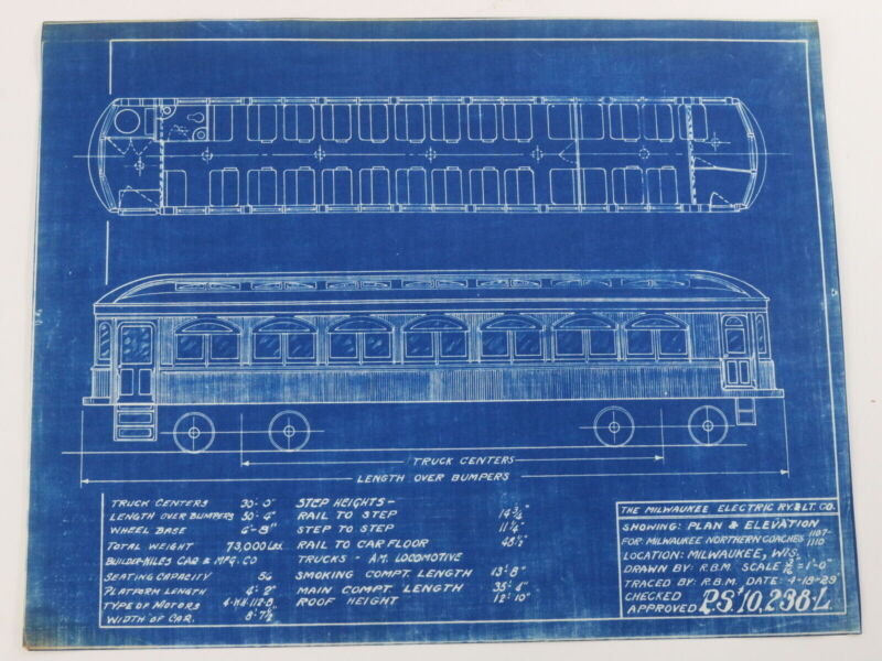 Milwaukee Electric Plan & Elevation Northern Coaches 1107-10 Blueprint 1929 11"