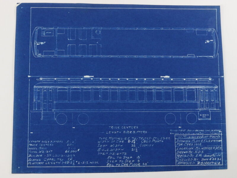 Milwaukee Electric Plan & Elevation Cars 1008 Trolley Blueprint 1922 10.75"