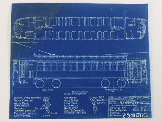 Milwaukee Electric Plan & Elevation 500-509 591-599 Trolley Blueprint 1927 9.75"