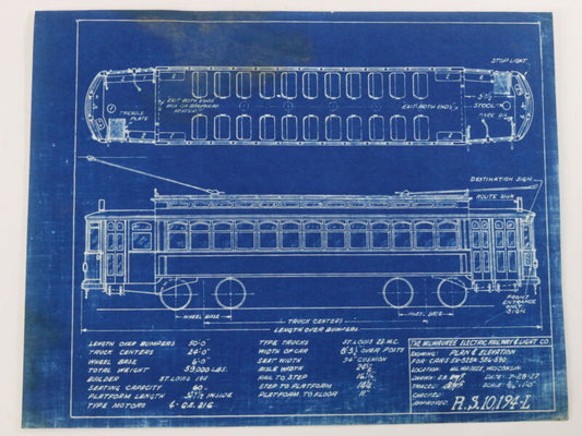 Milwaukee Electric Plan & Elevation Cars 511-525 -590 Trolley Blueprint 1927 11"