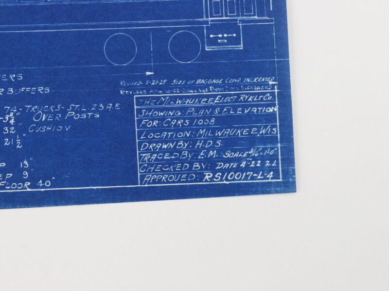 Milwaukee Electric Plan & Elevation Cars 1008 Trolley Blueprint 1922 10.75"