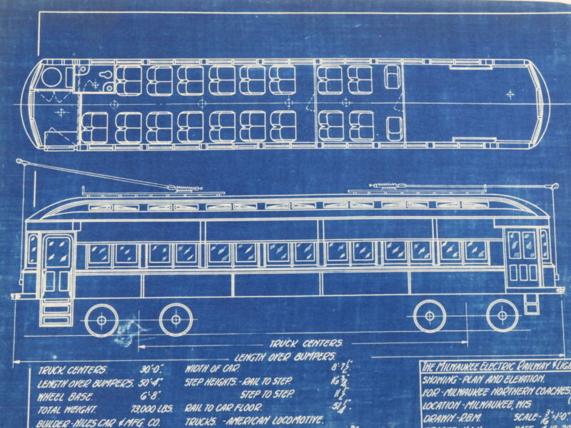 Milwaukee Electric Plan & Elevation Coaches 1107-8 Trolley Blueprint 1929 11"