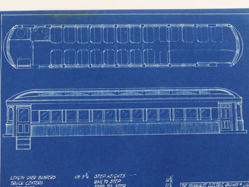 Milwaukee Electric Plan & Elevation Northern Car 51 Trolley Blueprint 1929 11"