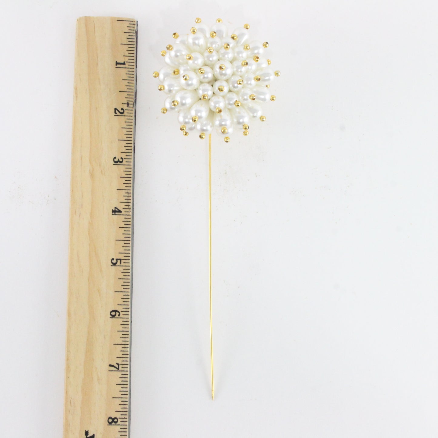 White & Gold Hat Vintage Hair Stick Pin Metal 7"