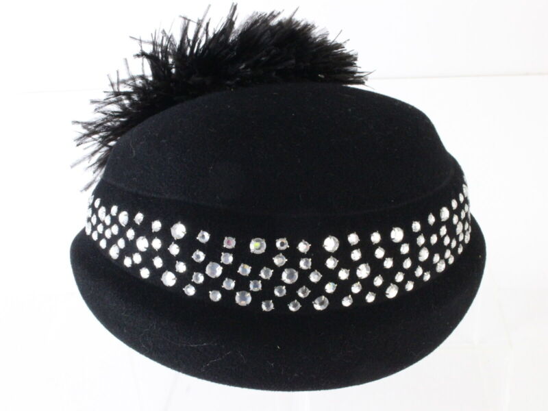 Jack Mcconnell Boutique Ladies Black Wool Felt Hat W/ Rhinestones And Feathers