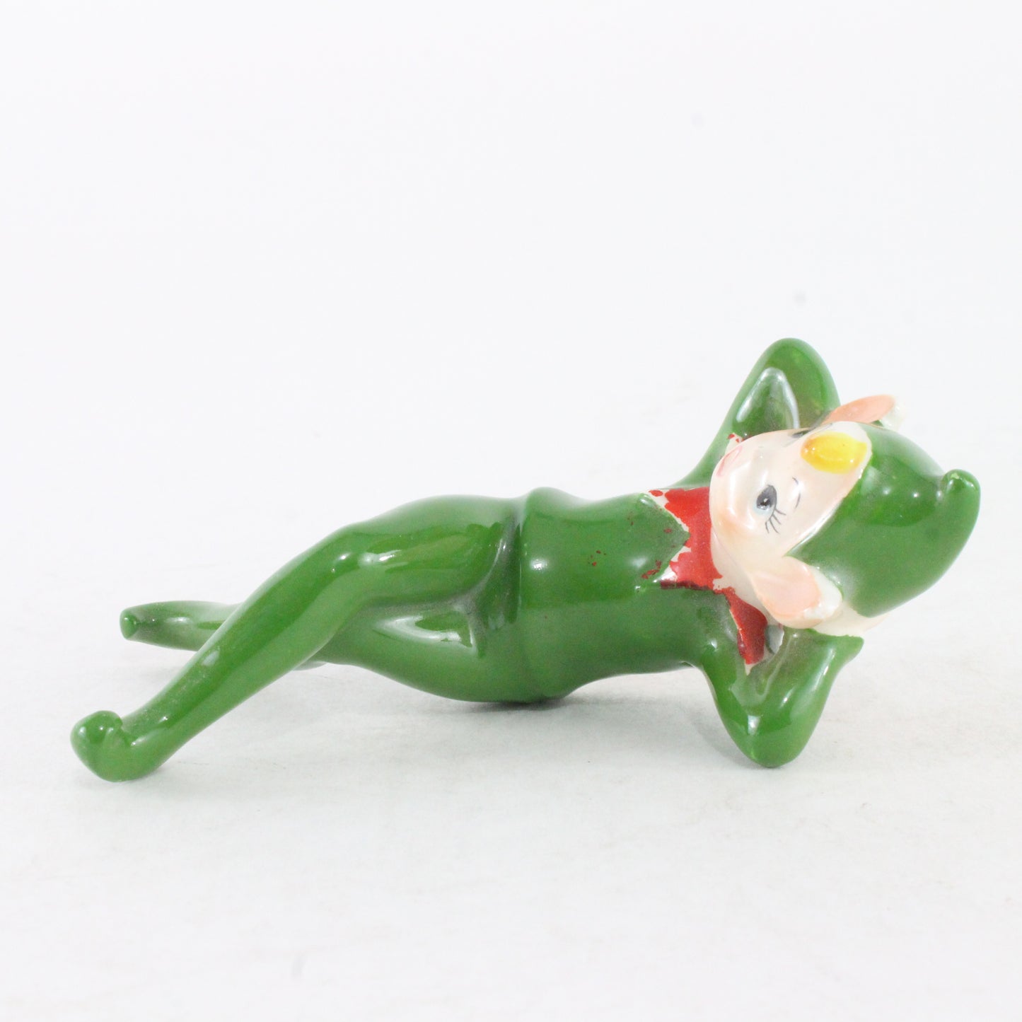 Vintage Ceramic Pixie Elf Reclining In Green W/ Green Hat Made In Japan 3.5 Inch