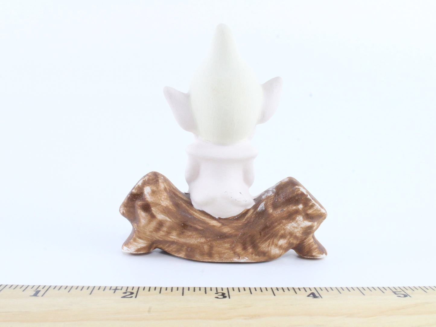 Vintage Custom Painted Ceramic Pixie Sitting On Log 3 In