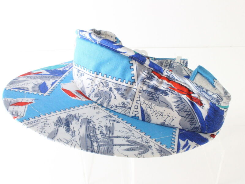 The Field Co Ladies Blue Cotton Sun Visor W/ Hawaii Stamp Print One Size