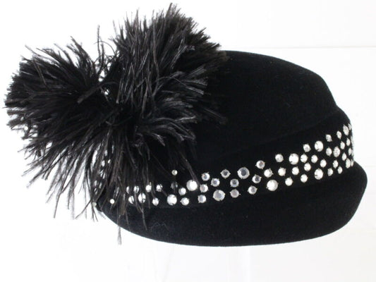 Jack Mcconnell Boutique Ladies Black Wool Felt Hat W/ Rhinestones And Feathers