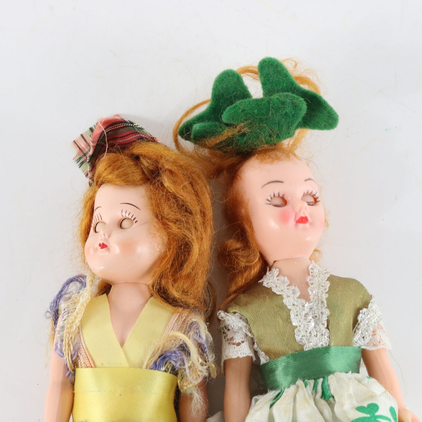 Lot Of 2 Vintage Red Head Sleepy Eye Irish Dolls W/ Dresses & Accessories 7.5"