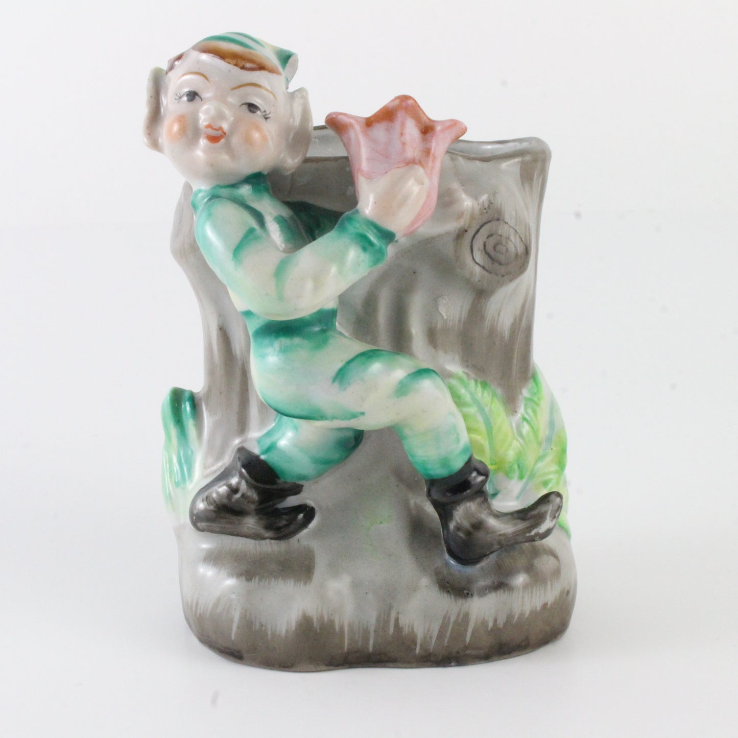 Vintage Green Stripe Pixie Elf With Stump Ceramic Planter Occupied Japan 4.5 In