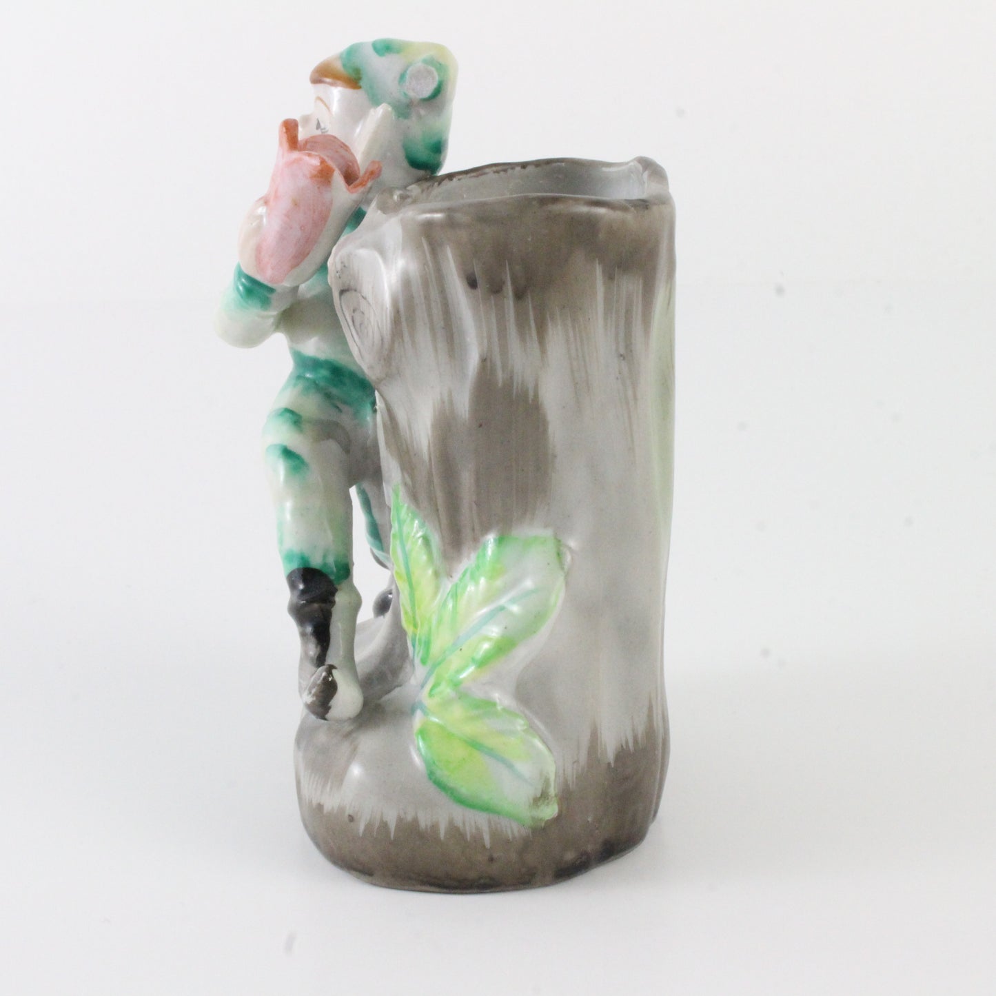 Vintage Green Stripe Pixie Elf With Stump Ceramic Planter Occupied Japan 4.5 In