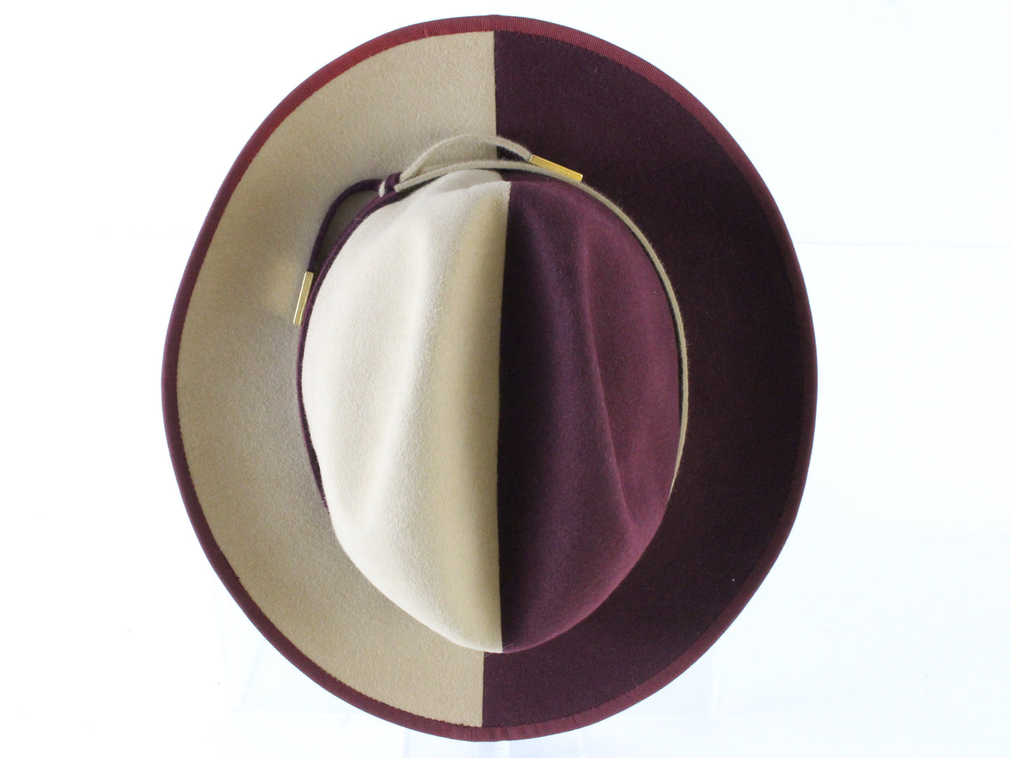 Borsalino Italian Fancy Boutique Ladies Beige Burgundy 2 Tone Felt Hat Size: M