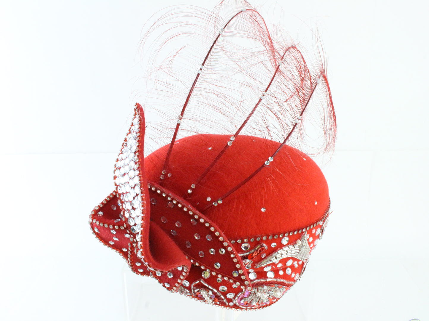 George Zamaul Couture Ladies Red Felt Boutique Hat W/ Rhinestones 6 7/8 55cm