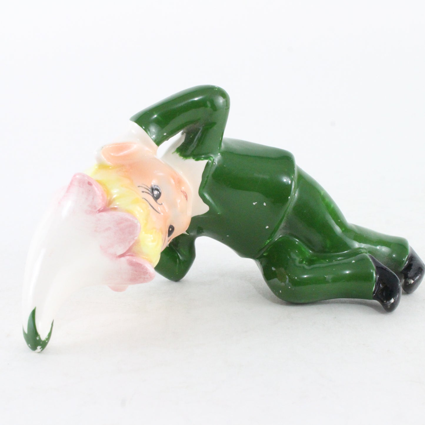 Vintage Norcrest Ceramic Pixie Elf In Green W/ Pink Flower On Head Made In Japan