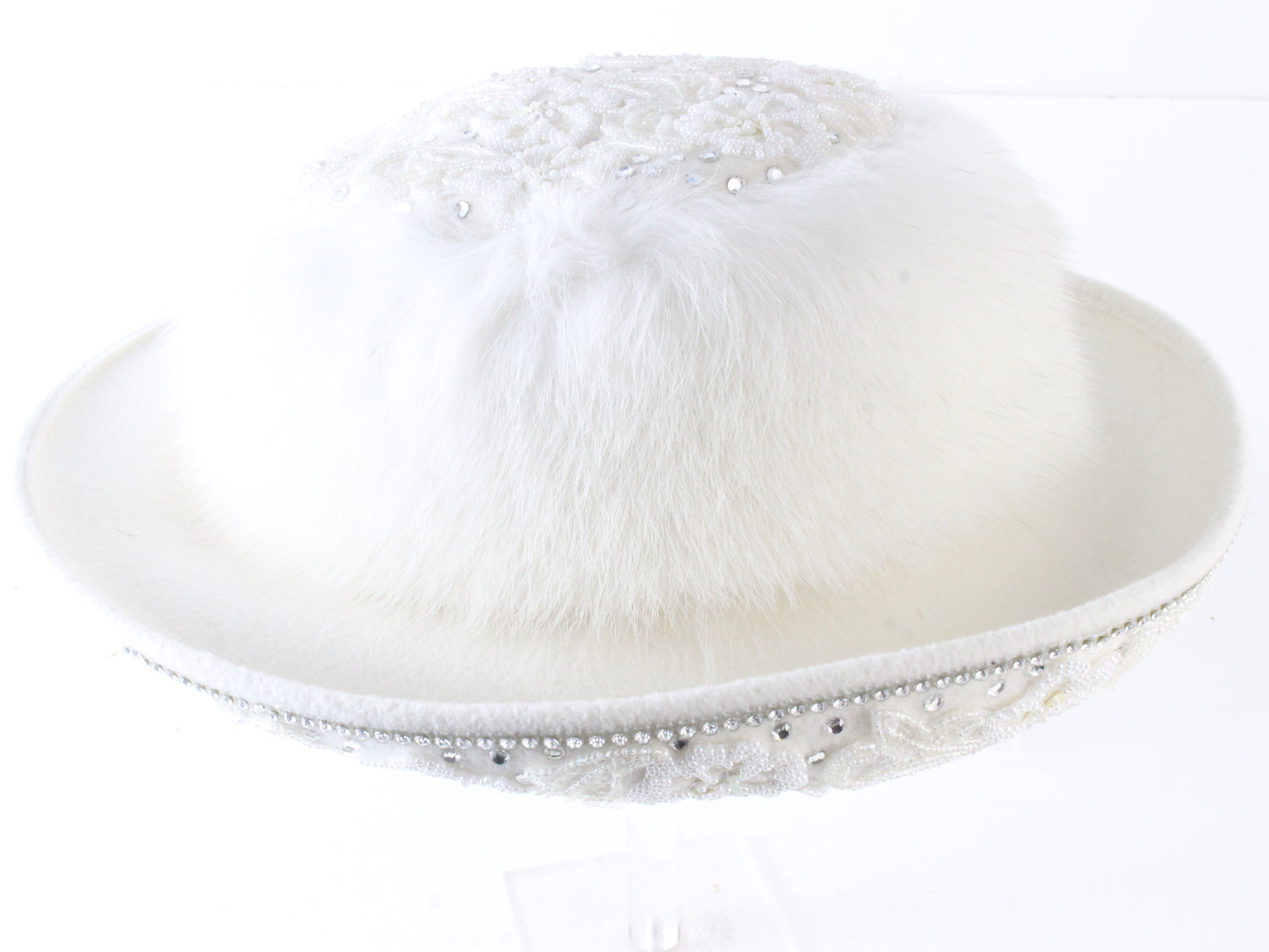 George Zamaul Couture Ladies White Felt Hat W/ Beading 7 1/8 57cm