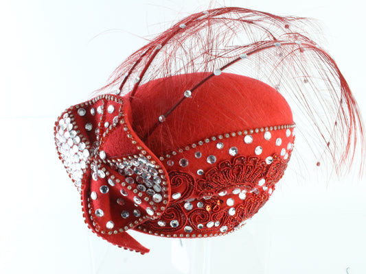 George Zamaul Ladies Boutique Red Felt Hat W/ Rhinestones 6 7/8 55cm