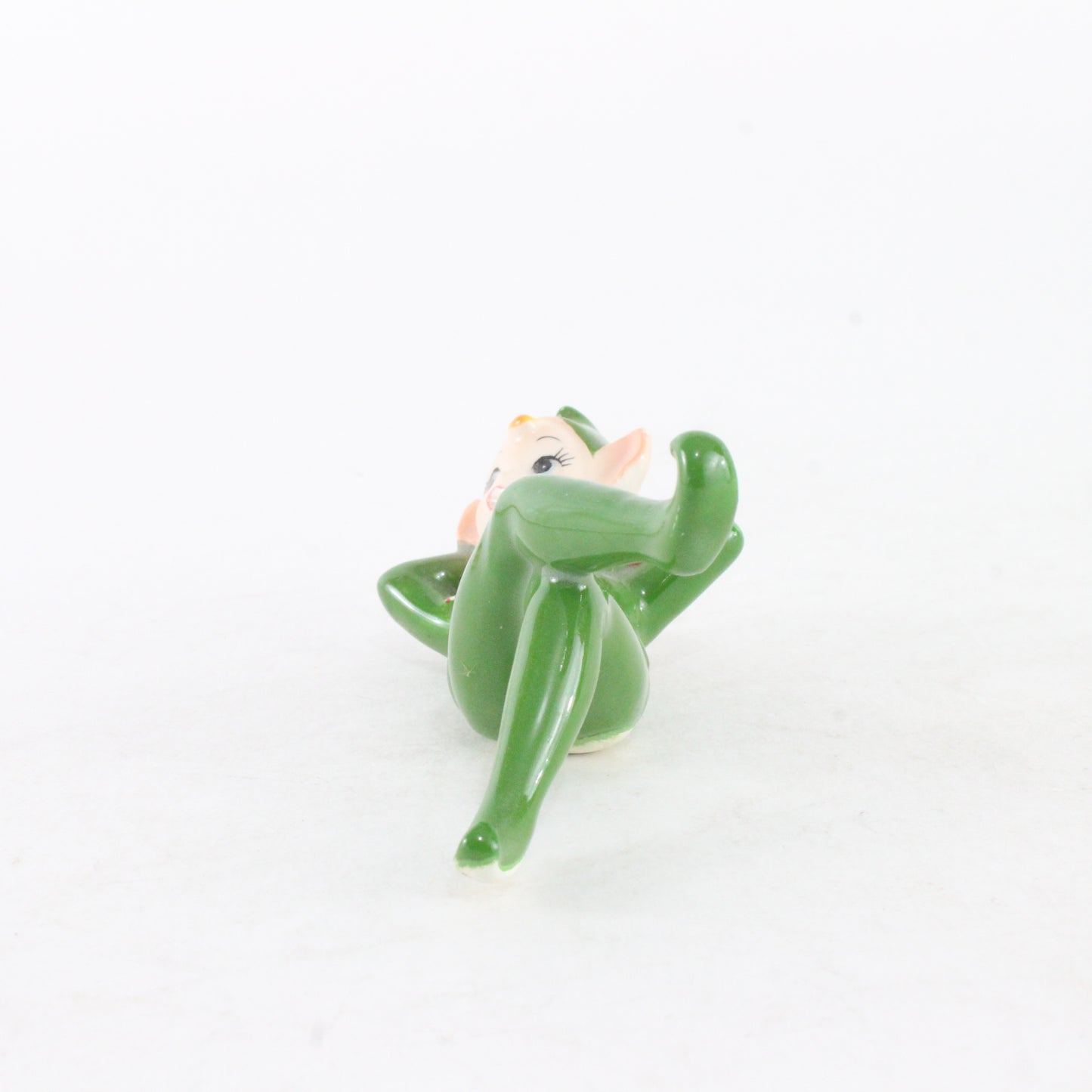 Vintage Ceramic Pixie Elf Reclining In Green W/ Green Hat Made In Japan 3.5 Inch