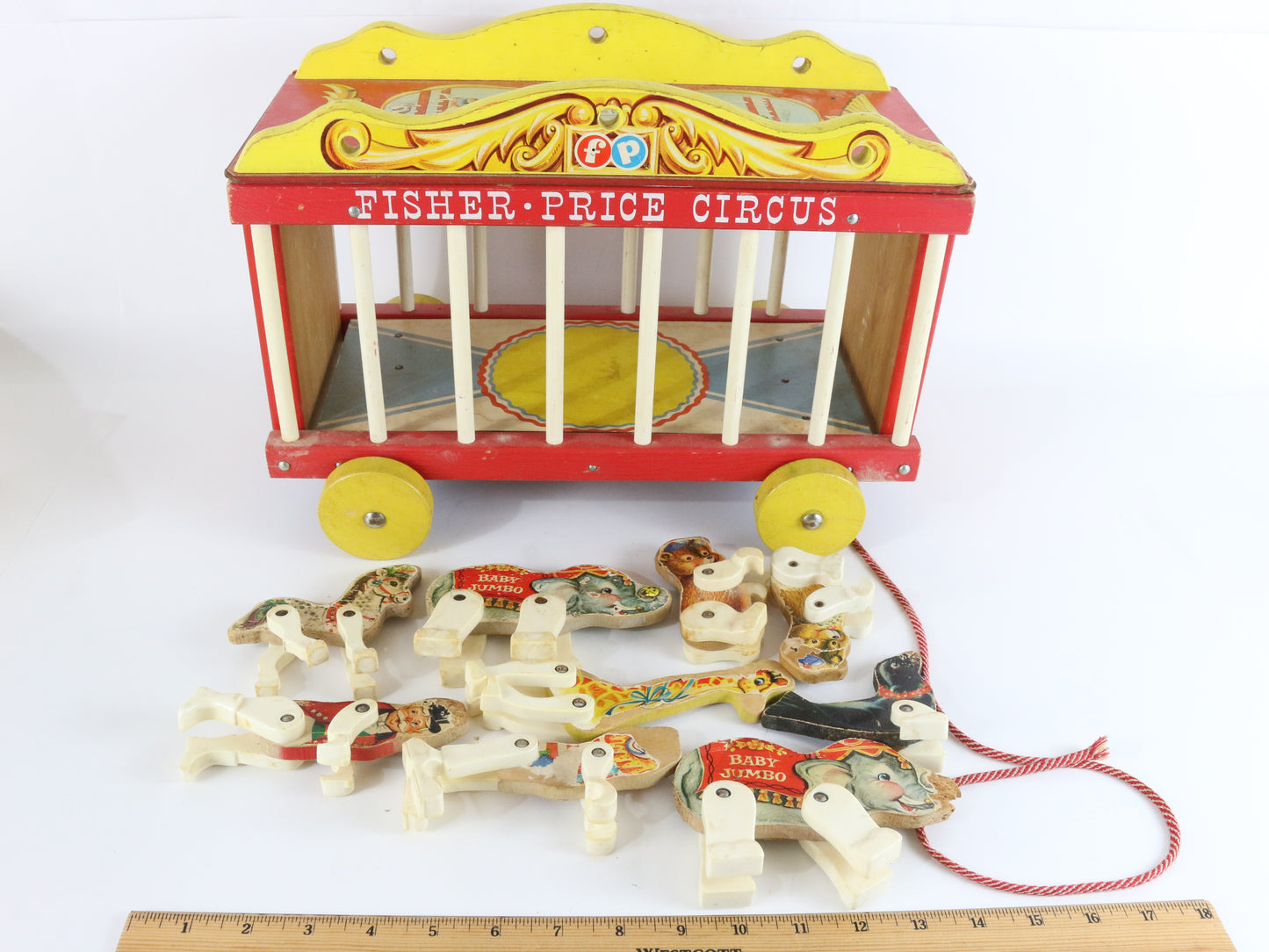 Vintage Fisher Price Circus Wooden Wagon & Animals W/ Misc Parts 15"